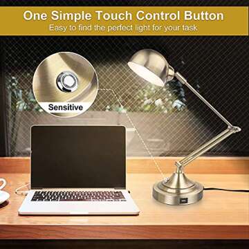 Mlambert 3-Color in 1 LED Desk Lamp with USB Charging Port, Swing Arm, Fully Dimmable, Eye-Caring Task Lamp, Touch Control Brass Metal Architect Drafting Table Lamp for Bedside, Office, Work, Reading