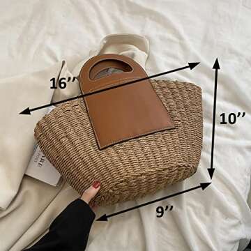 QTKJ Summer Beach Bag - Handmade Straw Tote with Leather Stitching