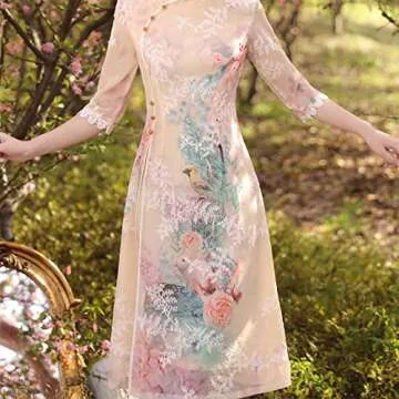 Women Summer Dress,Embroidered Ao Dai Cheongsam Dress,Chinese Style Qipao Hanfu Tang Suit (Champagne-Gold, 5XL)
