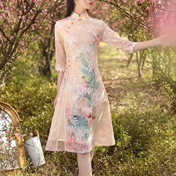 Women Summer Dress,Embroidered Ao Dai Cheongsam Dress,Chinese Style Qipao Hanfu Tang Suit (Champagne-Gold, 5XL)