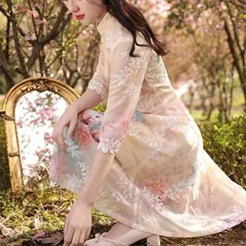 Women Summer Dress,Embroidered Ao Dai Cheongsam Dress,Chinese Style Qipao Hanfu Tang Suit (Champagne-Gold, 5XL)