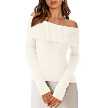 PRETTYGARDEN Women's Fall Off Shoulder Sweaters Y2K Long Sleeve Ribbed Knit Fitted Pullover Winter D...