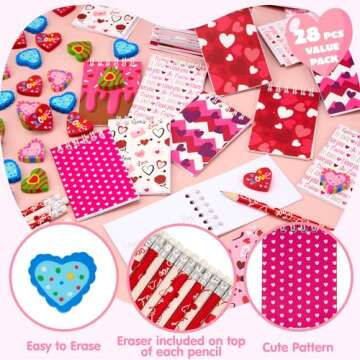JOYIN 28 Packs Valentine Themed Notepad, Pencil and Eraser for Kids and Adults School, Party Favor Stationery Sets, Gift Set Classroom Exchange Toy