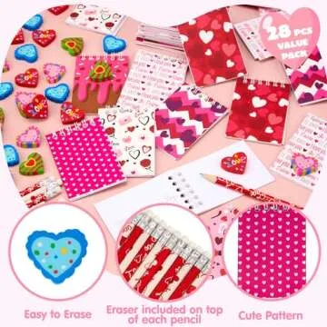 JOYIN 28 Packs Valentine Themed Notepad, Pencil and Eraser for Kids and Adults School, Party Favor Stationery Sets, Gift Set Classroom Exchange Toy
