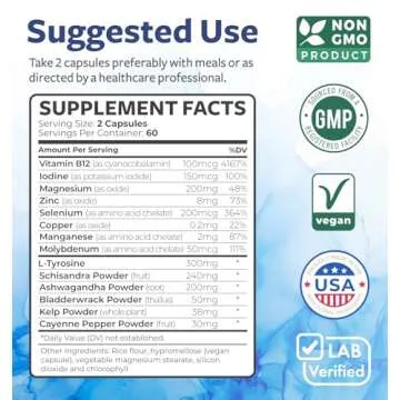 Thyroid Support with Iodine - 120 Capsules (Non-GMO) Improve Your Energy - Ashwagandha Root, Zinc, Selenium, Vitamin B12 Complex - Thyroid Health Supplement for Women and for Men - 60 Day Supply