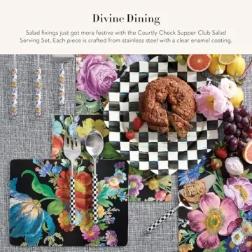 MACKENZIE-CHILDS Supper Club Salad Serving Set, Fork and Spoon Salad Servers, Decorative Kitchen Serving Utensils, Black-and-White Courtly Check