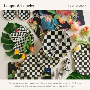 MACKENZIE-CHILDS Supper Club Salad Serving Set, Fork and Spoon Salad Servers, Decorative Kitchen Serving Utensils, Black-and-White Courtly Check