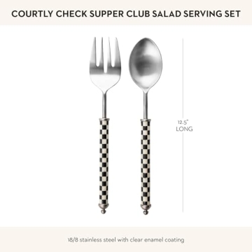 MACKENZIE-CHILDS Supper Club Salad Serving Set, Fork and Spoon Salad Servers, Decorative Kitchen Serving Utensils, Black-and-White Courtly Check