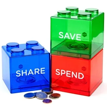 Save Spend Share Piggy Bank for Kids - Educational Block Design