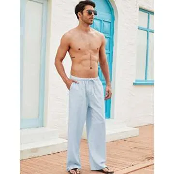 COOFANDY Men's Linen Casual Pants Summer Spring Beach Jog Elastic Waist Trousers A- Sky Blue