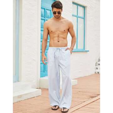 COOFANDY Men's Linen Casual Pants Summer Spring Beach Jog Elastic Waist Trousers A- Sky Blue