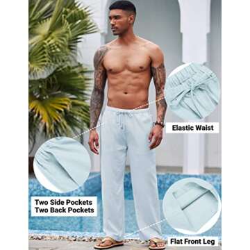 COOFANDY Men's Linen Casual Pants Summer Spring Beach Jog Elastic Waist Trousers A- Sky Blue