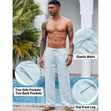 COOFANDY Men's Linen Casual Pants Summer Spring Beach Jog Elastic Waist Trousers A- Sky Blue