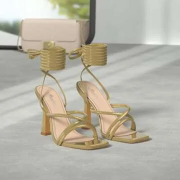 Mostrin Gold Strappy Heels for Women Lace Up Heels Tie Up Stiletto Heeled Sandals Square Open Toe Hi...