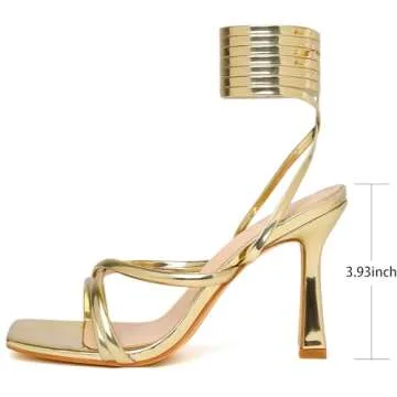 Mostrin Gold Strappy Heels for Women Lace Up Heels Tie Up Stiletto Heeled Sandals Square Open Toe High Heels for Prom, Party and Weddings Size 6.5