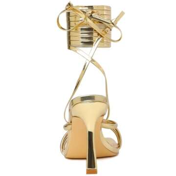 Mostrin Gold Strappy Heels for Women Lace Up Heels Tie Up Stiletto Heeled Sandals Square Open Toe High Heels for Prom, Party and Weddings Size 6.5