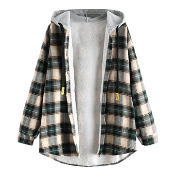 ZAFUL Women's Plaid Fleece Lined Hooded Jacket Button Up Oversized Fuzzy Coat Checkered Flannel Hood...