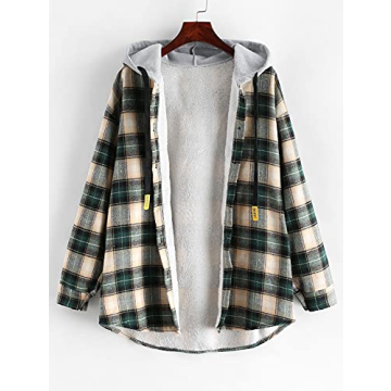 ZAFUL Women's Fleece Lined Plaid Hooded Jacket