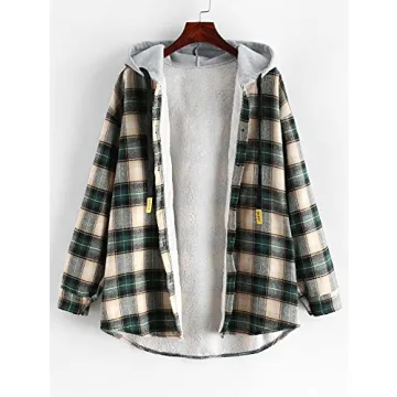 ZAFUL Women's Fleece Lined Plaid Hooded Jacket