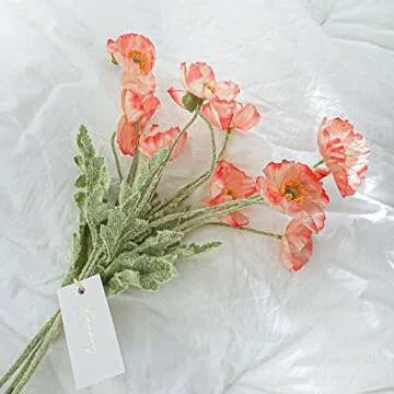 Kamang Artificial Poppy Silk Flowers (3 Stems) for Home Decor and Wedding. Faux Poppy Flower Centerpiece. Artificial Plants Peach Flower Arrangement. Silk Flowers for Decoration (Gradient Coral)