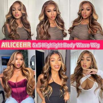 AILICEEHR 5x5 Highlight Lace Closure Wig Human Hair Body Wave 5x5 HD Lace Closure Wig for Women P4/2...