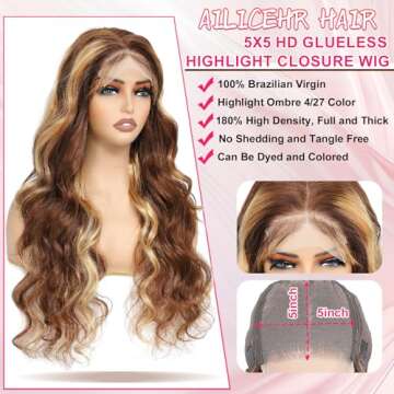 AILICEEHR 5x5 Highlight Lace Closure Wig Human Hair Body Wave 5x5 HD Lace Closure Wig for Women P4/27 Ombre Honey Blonde Glueless Wig Pre Plucked 180 Density 26 Inch