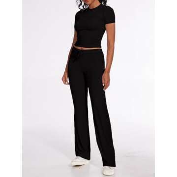 AnotherChill Women's 2 Piece Lounge Sets Straight Leg Pants Set Short Sleeve Crop T-shirt Casual Outfits Comfy Loungewear (Black, Small)