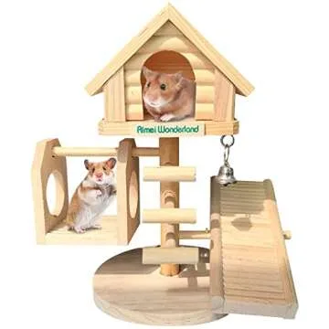 Hamiledyi Natural Fir Wood Hamster House Deluxe Two Layers Wooden Hut Dwarf Hamster Toy Hideout Cast...