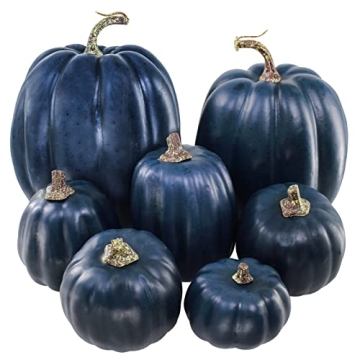 Winlyn 7 Pcs Assorted Sizes Navy Blue Artificial Pumpkins Decorative Dark Blue Pumpkins Faux Foam Pu...