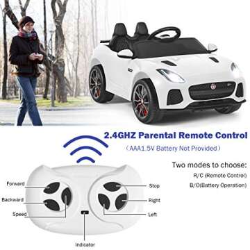 Costzon Ride on Car, 12V Licensed Jaguar F-Type SVR Battery Powered Kids' Electric Vehicles w/Remote Control, Front/Rear Lights, MP3/Music/3 Speeds/Spring Suspension, Kids Car Toy for Toddler(White)