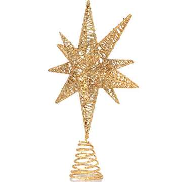 Ornativity Gold Star Tree Topper – Christmas Gold 3D Glitter Star Ornament Treetop Xmas Decor Holiday Decoration for Large Tree Toppers 16"