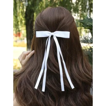 LFOUVRE Tassel Hair Bow Clips for Women - 6pcs Ribbon Barrettes With Metal Claw Clips and Bowknots - Hair Accessories for Girls and Teens