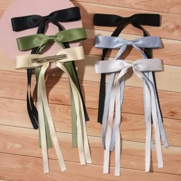 LFOUVRE Tassel Hair Bow Clips for Women - 6pcs Ribbon Barrettes With Metal Claw Clips and Bowknots - Hair Accessories for Girls and Teens