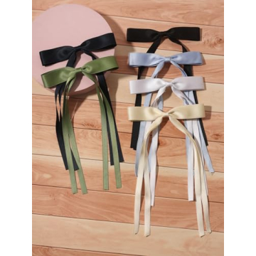 LFOUVRE Tassel Hair Bow Clips for Women - 6pcs Ribbon Barrettes With Metal Claw Clips and Bowknots - Hair Accessories for Girls and Teens