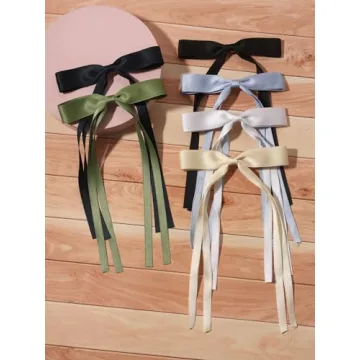 LFOUVRE Tassel Hair Bow Clips for Women - 6pcs Ribbon Barrettes With Metal Claw Clips and Bowknots - Hair Accessories for Girls and Teens