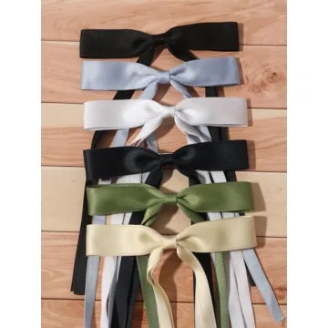 LFOUVRE Tassel Hair Bow Clips for Women - 6pcs Ribbon Barrettes With Metal Claw Clips and Bowknots - Hair Accessories for Girls and Teens