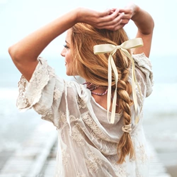 LFOUVRE Tassel Hair Bow Clips for Women - 6pcs Ribbon Barrettes With Metal Claw Clips and Bowknots - Hair Accessories for Girls and Teens