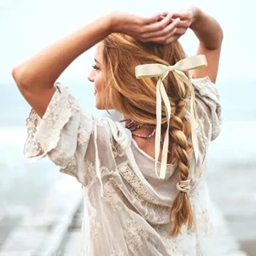 LFOUVRE Tassel Hair Bow Clips for Women - 6pcs Ribbon Barrettes With Metal Claw Clips and Bowknots - Hair Accessories for Girls and Teens