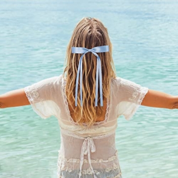 LFOUVRE Tassel Hair Bow Clips for Women - 6pcs Ribbon Barrettes With Metal Claw Clips and Bowknots - Hair Accessories for Girls and Teens