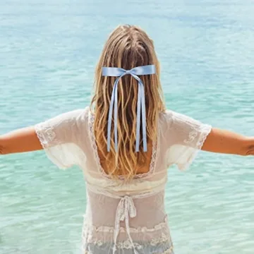 LFOUVRE Tassel Hair Bow Clips for Women - 6pcs Ribbon Barrettes With Metal Claw Clips and Bowknots - Hair Accessories for Girls and Teens