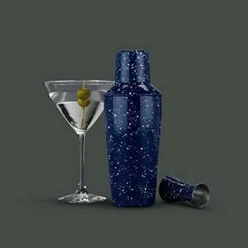 Foster & Rye Camping-Style Speckled Enamel Cobbler Cocktail Shaker & Double Jigger Set - Martini Margarita Drink Shakers, Bartender Accessories, Cocktail Set Bartender Kit, Stainless Steel, 26 oz