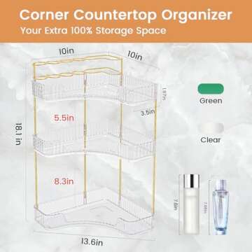 NATURE'S SOURCE Makeup Organizer for Vanity, 3-Tier Corner Bathroom Organizer Countertop with Makeup Brush Holder, Corner Counter Storage for Bathroom, Dresser, Kitchen（Clear
