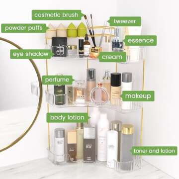 NATURE'S SOURCE Makeup Organizer for Vanity, 3-Tier Corner Bathroom Organizer Countertop with Makeup Brush Holder, Corner Counter Storage for Bathroom, Dresser, Kitchen（Clear