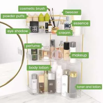 NATURE'S SOURCE Makeup Organizer for Vanity, 3-Tier Corner Bathroom Organizer Countertop with Makeup Brush Holder, Corner Counter Storage for Bathroom, Dresser, Kitchen（Clear