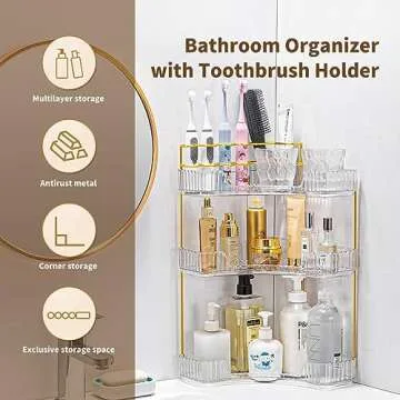 NATURE'S SOURCE Makeup Organizer for Vanity, 3-Tier Corner Bathroom Organizer Countertop with Makeup Brush Holder, Corner Counter Storage for Bathroom, Dresser, Kitchen（Clear