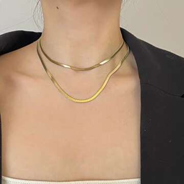 14K Gold Plated Layered Choker Necklace for Women Trendy Snake Chain Herringbone Necklace Gold Jewel...