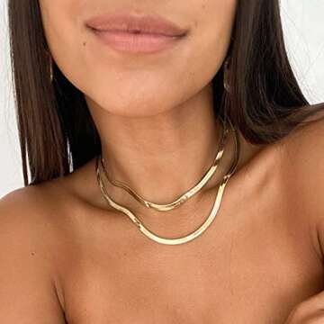 14K Gold Plated Layered Choker Necklace for Women Trendy Snake Chain Herringbone Necklace Gold Jewelry for Women Dainty Gifts for Birthday Christmas Valentine's Day Wedding