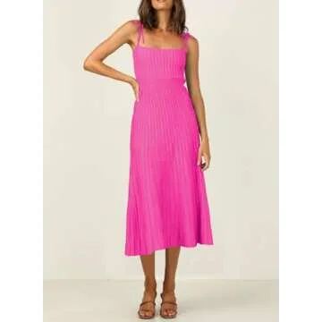 ARTFREE Womens Ribbed Knit Summer Maxi Dresses Tie Straps Square Neck Party Long Dress Rose Red S