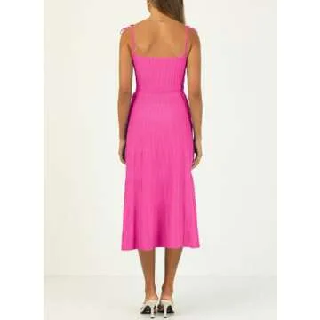 ARTFREE Womens Ribbed Knit Summer Maxi Dresses Tie Straps Square Neck Party Long Dress Rose Red S