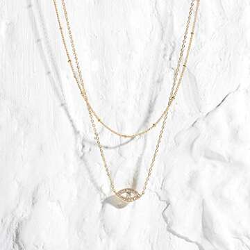 MEVECCO Gold Dainty Layered Evil Eye Necklace,18K Gold Plated Cute Delicate Tiny White Cubic Zirconia Solitire Bead Chain Necklace,Layer Minimalist Necklace for Women